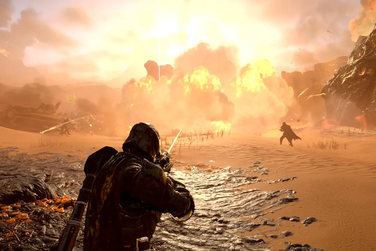 Helldivers 2 squad fighting through a bright battlefield